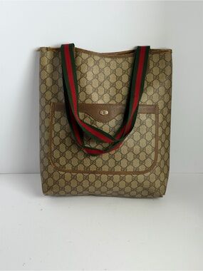 Gucci GG Supreme Monogram Canvas Tote Bag Sherry Web Stripe Handles